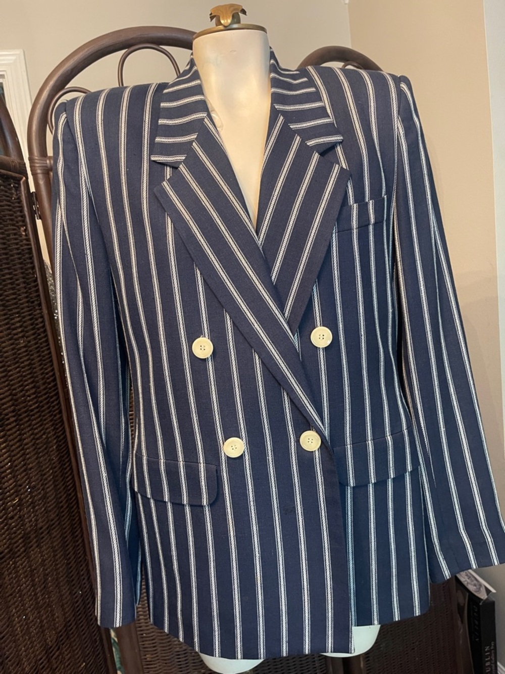 Talbots Navy and White Striped Double-Breasted Blazer